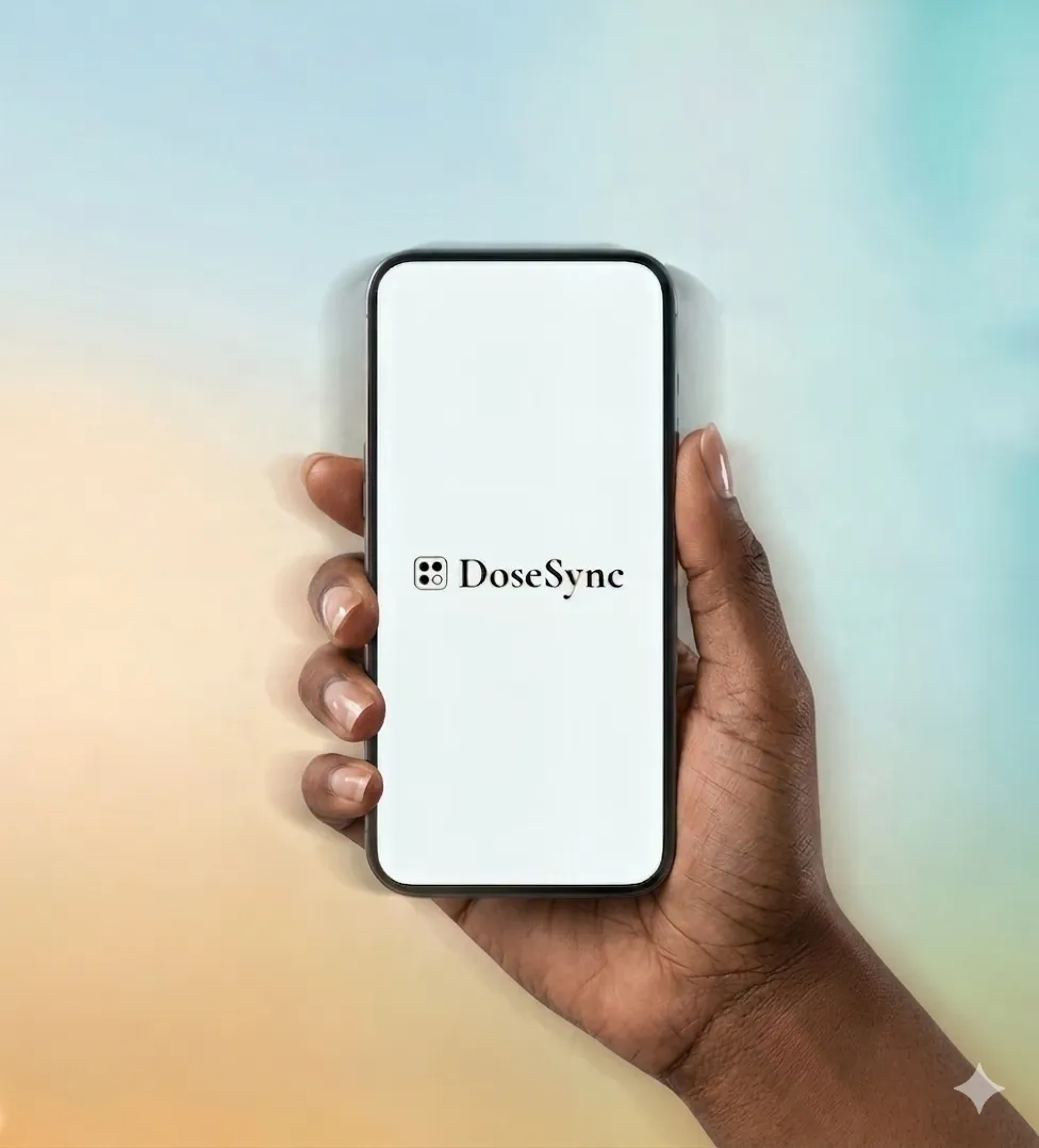 Hand holding iPhone with DoseSync grandparent mode